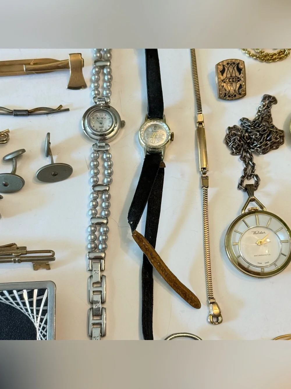 Huge Lot Of Men’s Tie Clips Cuff links Watches Junk Drawer Pins Medals